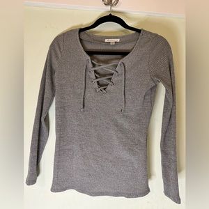 XS American Eagle Grey Long Sleeve Criss-Cross Tie-Up Neckline